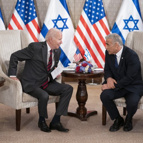 President Joe Biden, left, and Israeli Prime Minister Yair Lapid address the media following their meeting in Jerusalem Thursday, July 14, 2022. (AP Photo/Evan Vucci) Copyright 2022 The Associated Press. All rights reserved.